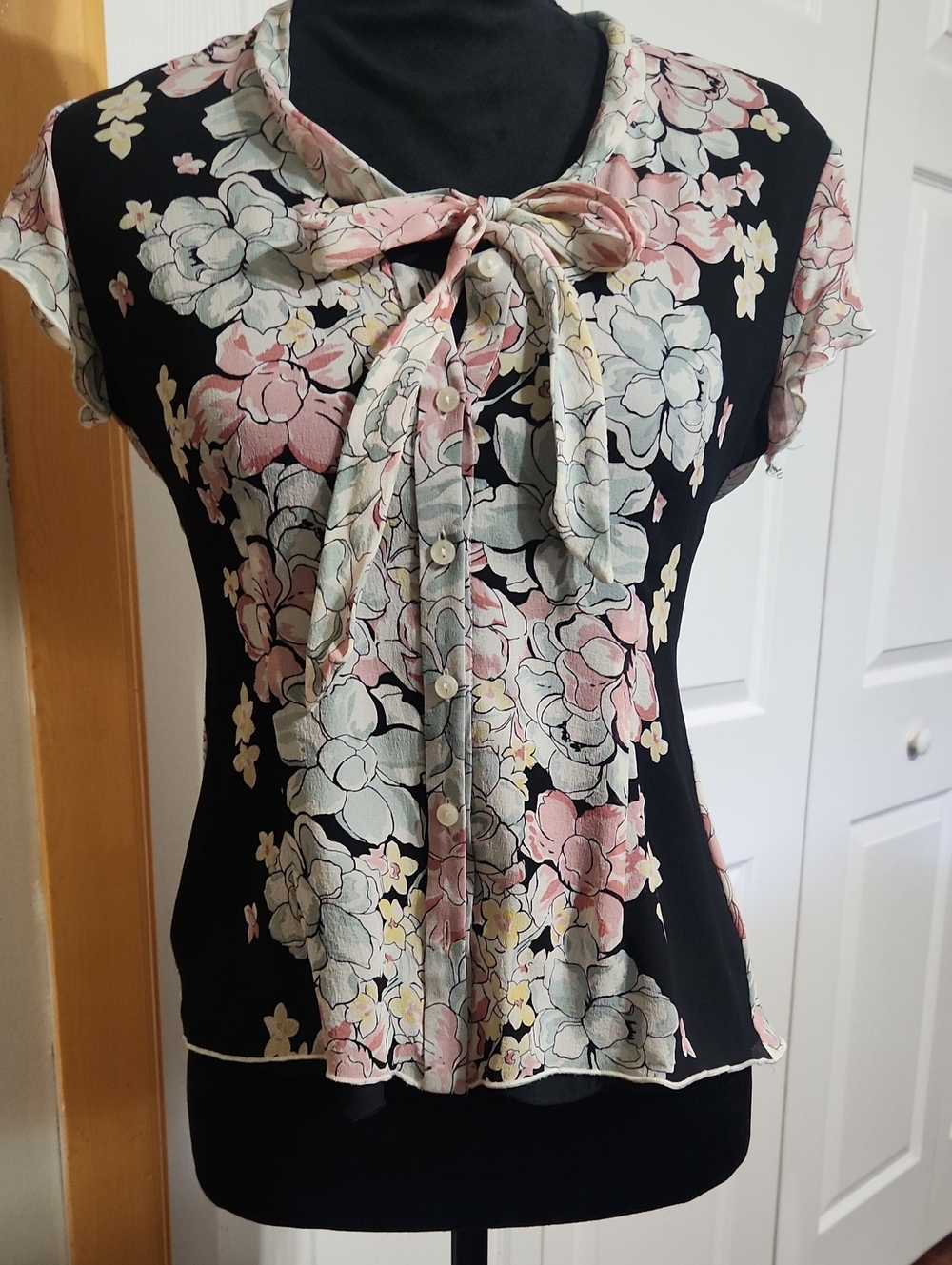 Nine West Black Floral Tie-Neck Blouse with Pastel Accents.  100% silk